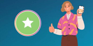Ilustração de uma pessoa mostrando o recurso de Close Friends no Instagram em seu smartphone, com um ícone de estrela verde ao lado, representando como ganhar dinheiro com essa funcionalidade.