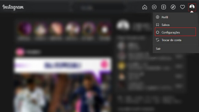 print do perfil do Instagram realçando a opção de configurações