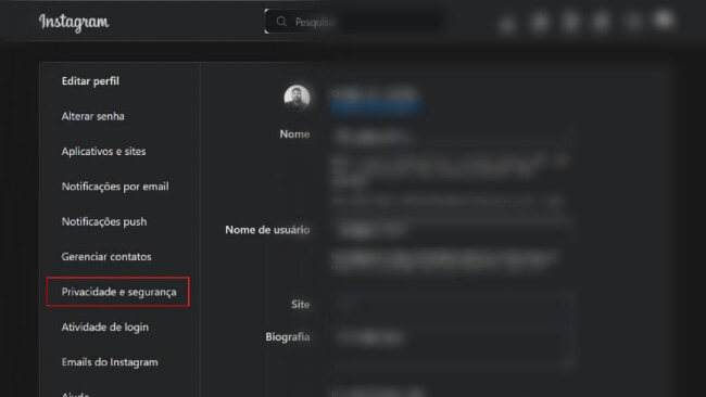 print do perfil do Instagram realçando a opção de privacidade e segurança