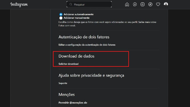 print do perfil do Instagram realçando a opção de download de dados