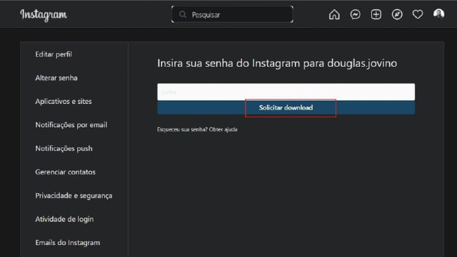 print do perfil do Instagram realçando a opção de download de dados