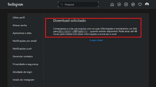 print do perfil do Instagram realçando a informação da confirmação do download