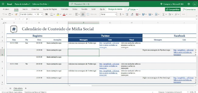 Planilha calendário de conteúdo de mídia social instagram