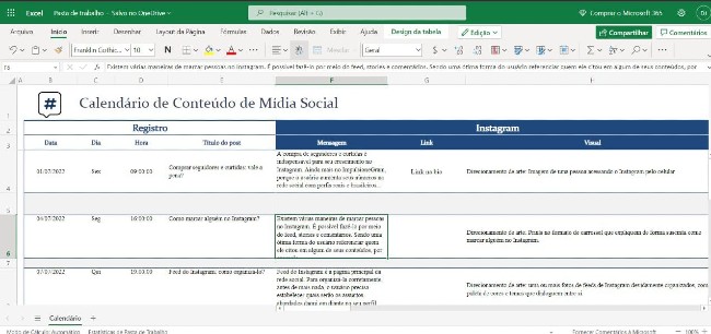 Calendário para cronograma de Conteúdo de Mídia Social Excel