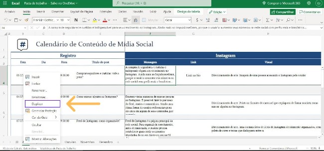 Duplicar planilha com calendário mídia social instagram