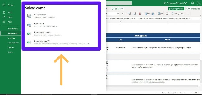 Escolher como salvar planilha excel de cronograma postagens instagram