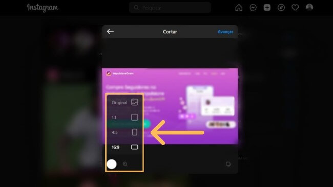 escolher proporção foto instagram pc