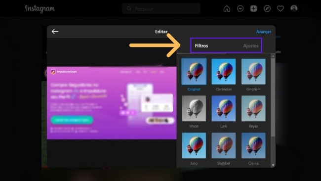 selecionar filtro foto pc instagram