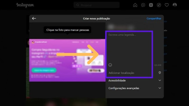 escrever legenda foto instagram pc