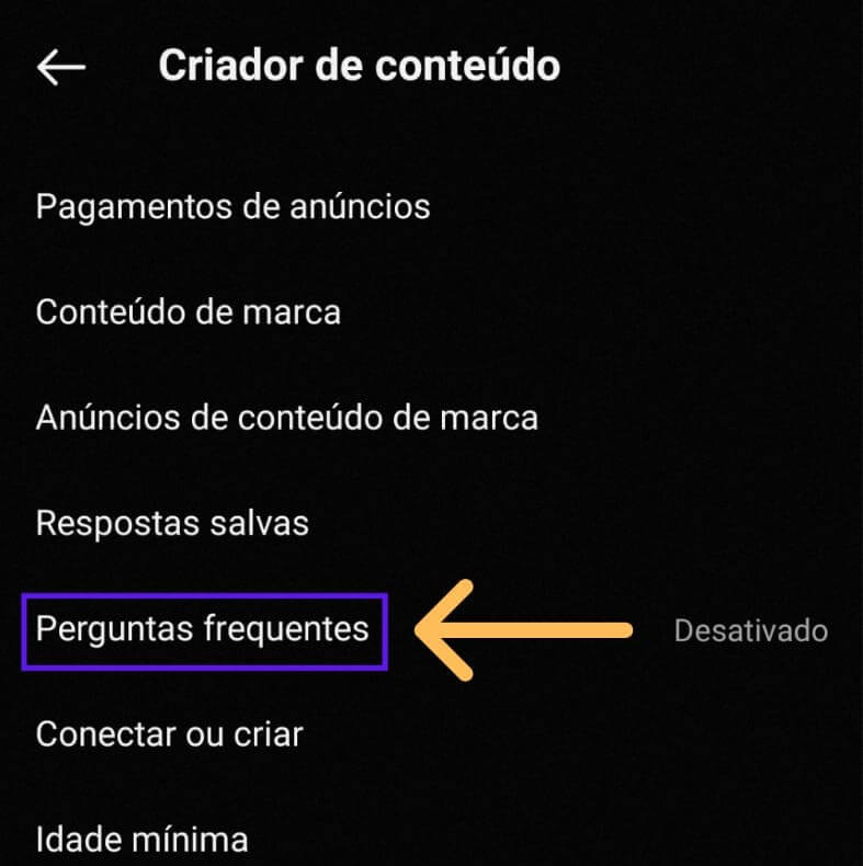 Seta indicando perguntas frequentes configurações instagram