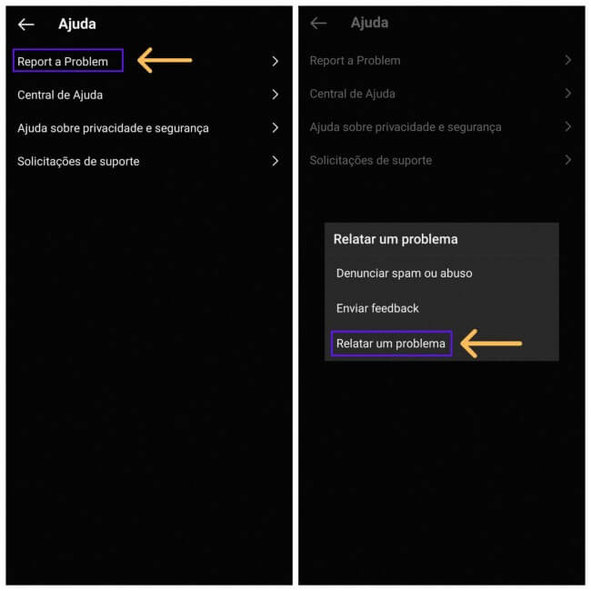 Tela indicando relatar problema instagram