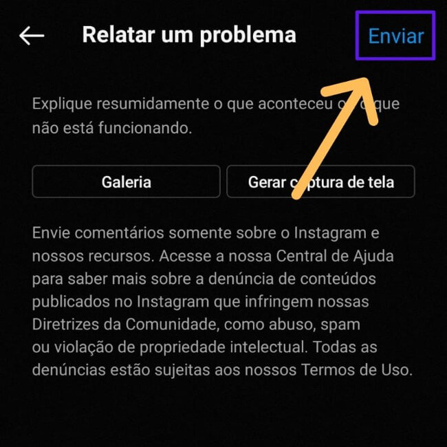 Seta indicando botão enviar relatório de problema instagram