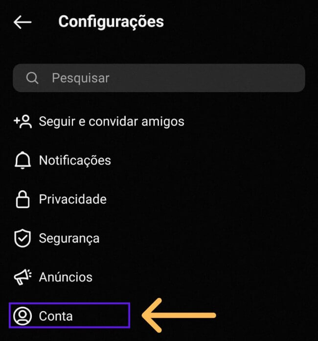 configurações instagram opção conta