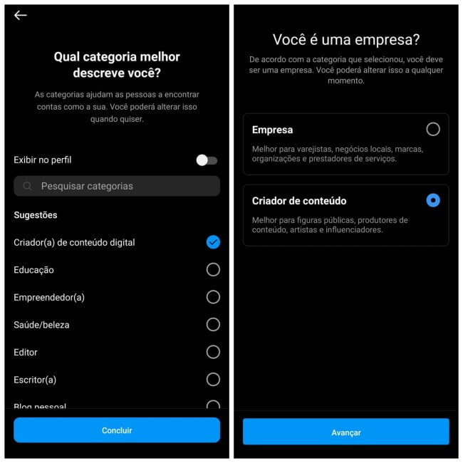 Descrição atividades conta profissional instagram