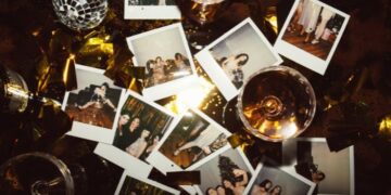 Foto de várias polaroides espalhadas sobre uma mesa com taças de vinho e decorações, representando ideias criativas de fotos para ter um perfil atrativo no Instagram.