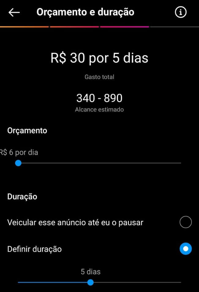 orçamento para impulsionar publicação no instagram