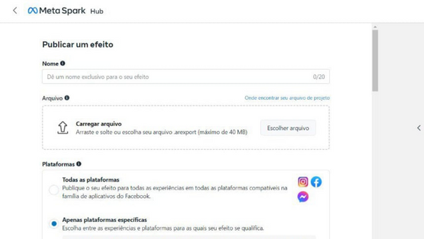 tela de configuração de filtro do Instagram do spark hub