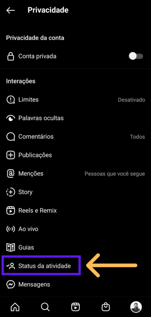 Aba de configuração de privacidade do Instagram com indicações de onde tirar o visto por último 