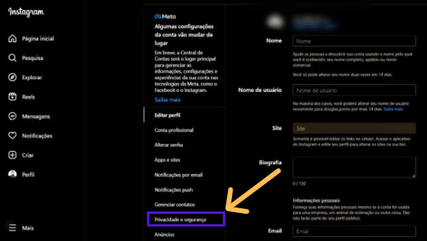 Configurações do Instagram com indicações para aba privacidade e segurança