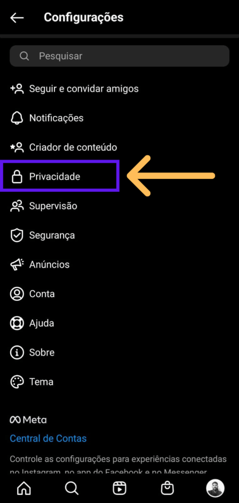 Configurações do Instagram como indicativos na opção privacidade