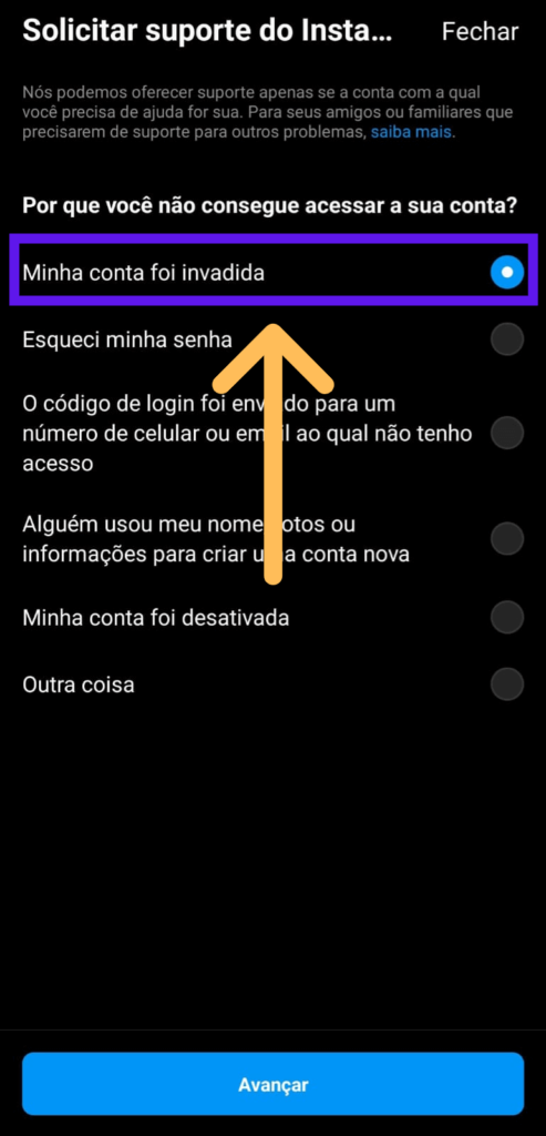 Página para solicitar recuperação de conta no Instagram invadida