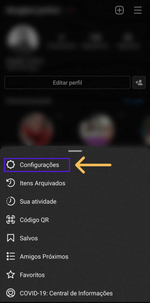 Perfil do Instagram com indicativos de onde acessar as configurações