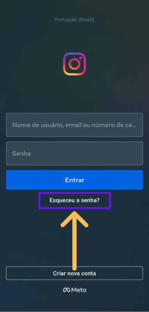 Tela de login do Instagram com indicativos para opção esqueceu a senha