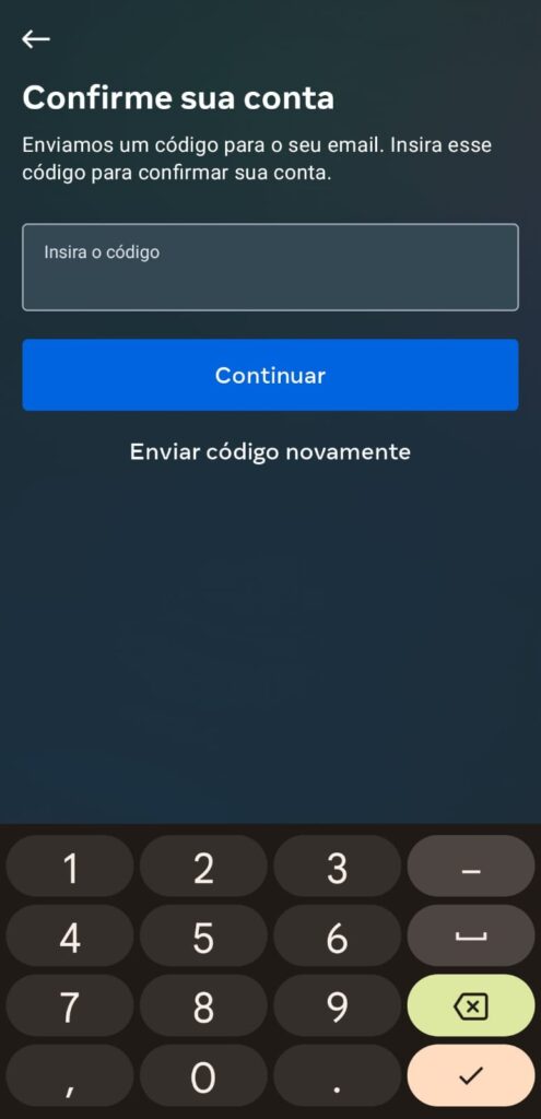 Tela do Instagram para inserir o código enviado pela plataforma