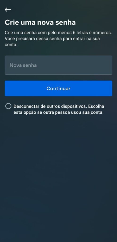 Tela para alterar a senha e recuperar conta no Instagram