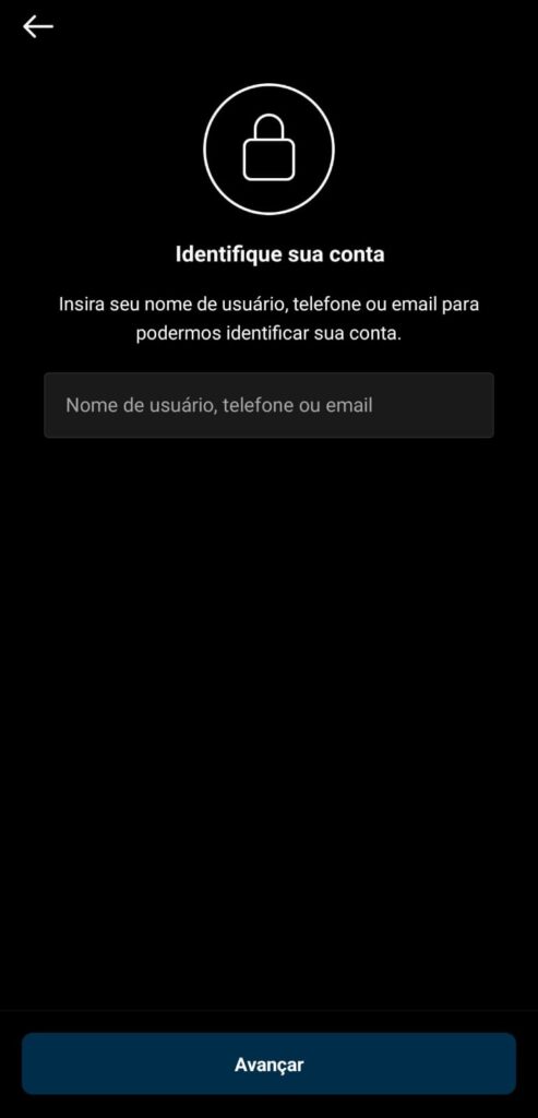 Tela para inserir dados pessoais e identificar conta no Instagram