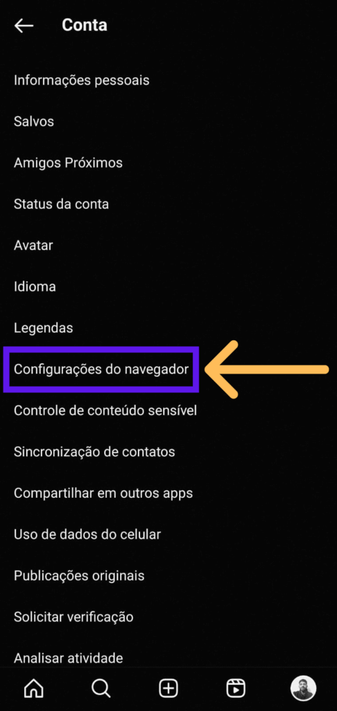 Aba conta do Instagram com indicativos para configurações do navegador