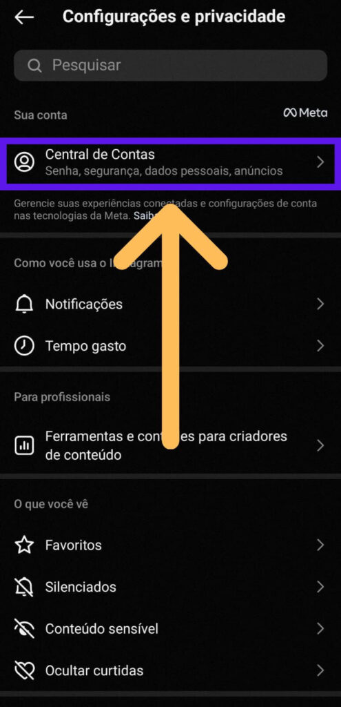 Aba de configurações do Instagram com indicativos em central de contas