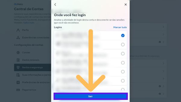 Aba de onde você fez login da central de contas da Meta com indicativos em sair