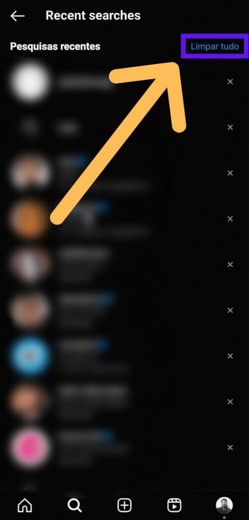 Aba do Instagram com indicativos de como apagar sugestões de pesquisa