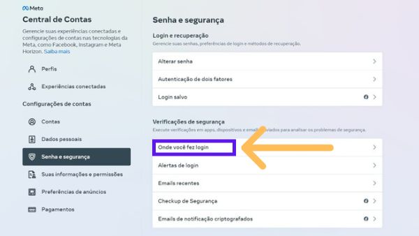 Aba senha e segurança com indicativos na opção onde você fez login