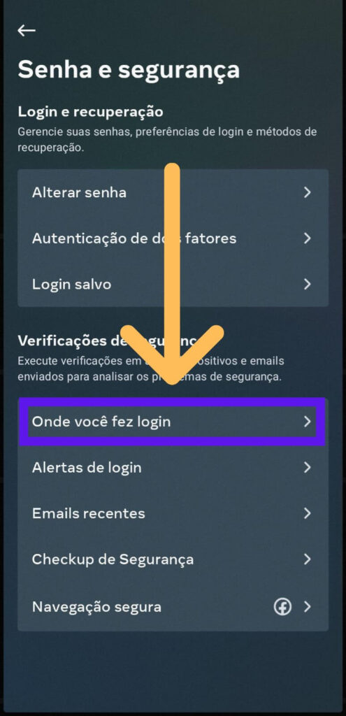 Aba senha e segurança da central de contas da Meta com indicativos em onde você fez login