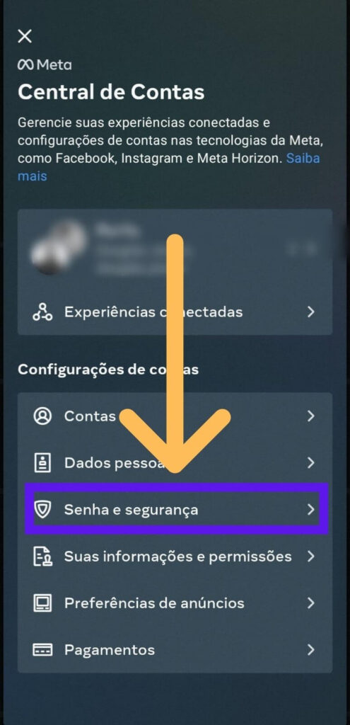 Central de contas da Meta com indicativos na opção senha e segurança