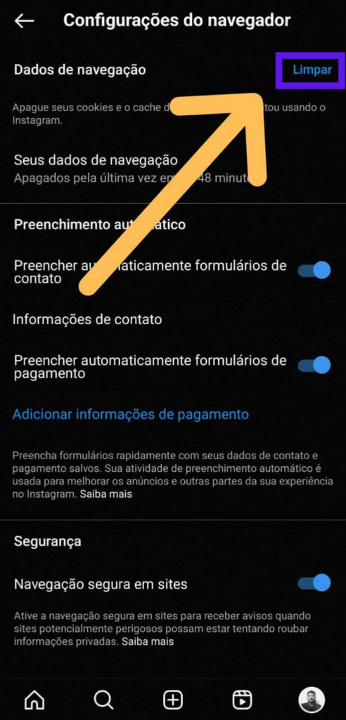 Configurações de navegação do Instagram com indicativos para limpar dados