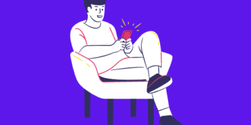 Desenho de homem sentado na cadeira com celular aprendendo pular linha e usar espaço no Instagram