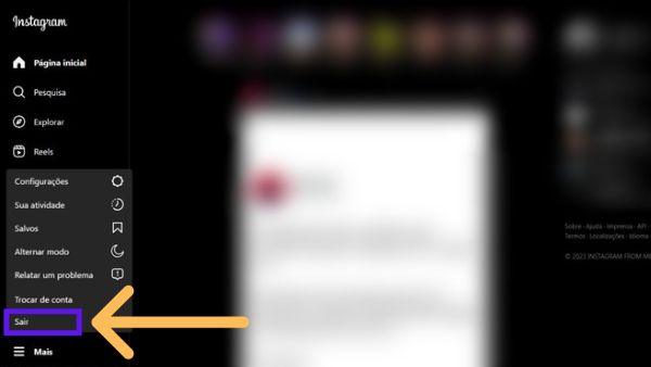 Menu do Instagram com indicativos em sair para deslogar conta