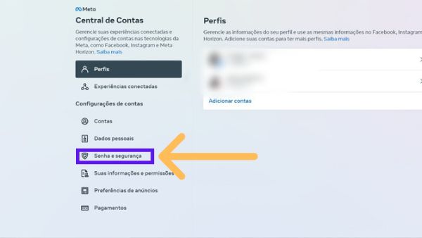 Tela de central de contas da Meta com indicativos em senha e segurança