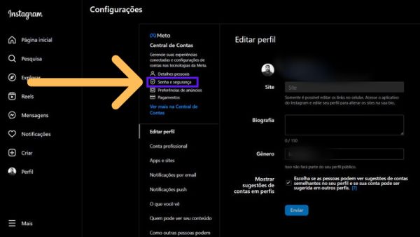 Tela de configurações do Instagram com indicativos na opção senha e segurança