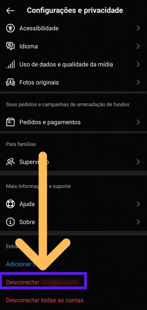 Tela de configurações e privacidade do Instagram com indicativos em onde deslogar a conta