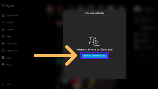 Tela de criação de post do Instagram com indicativos na opção selecionar do computador