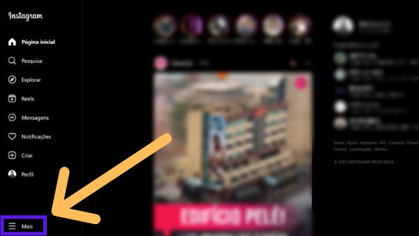 Tela inicial do Instagram com indicativos na opção mais