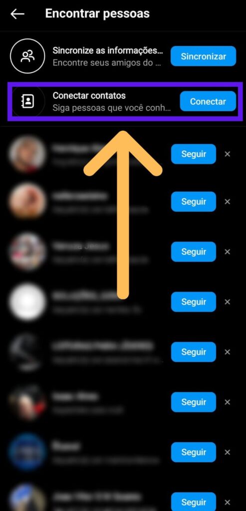 Aba descobrir pessoas no Instagram com indicativos em conectar pessoas