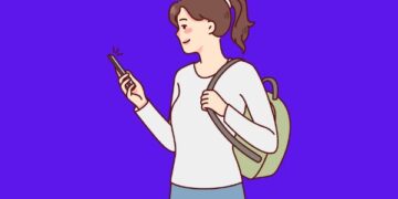 Desenho de mulher com bolsa olhando para o celular
