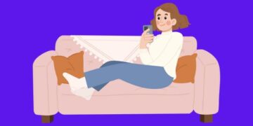 Desenho de mulher deitada no sofá procurando formas de achar Instagram pelo número no celular