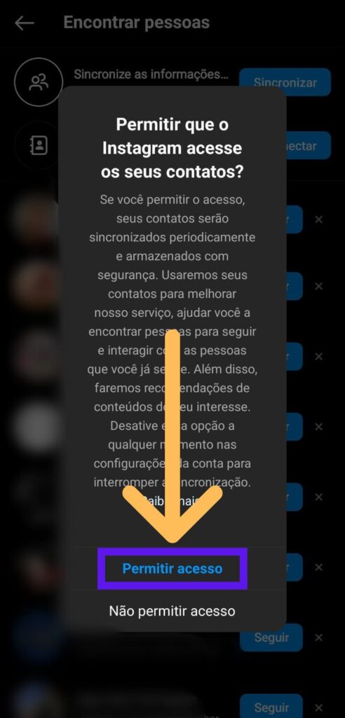 Tela de confirmação para sincronizar contatos da agenda com o Instagram