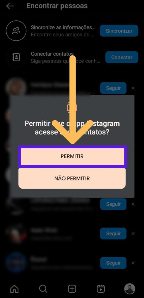 Tela de solicitação de permissão do celular para achar Instagram pelo número